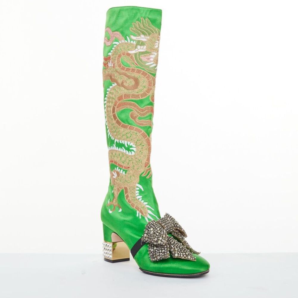 rare GUCCI 2017 Runway Caspar green satin dragon embroidered boot heels EU39 - Picture 2 of 8